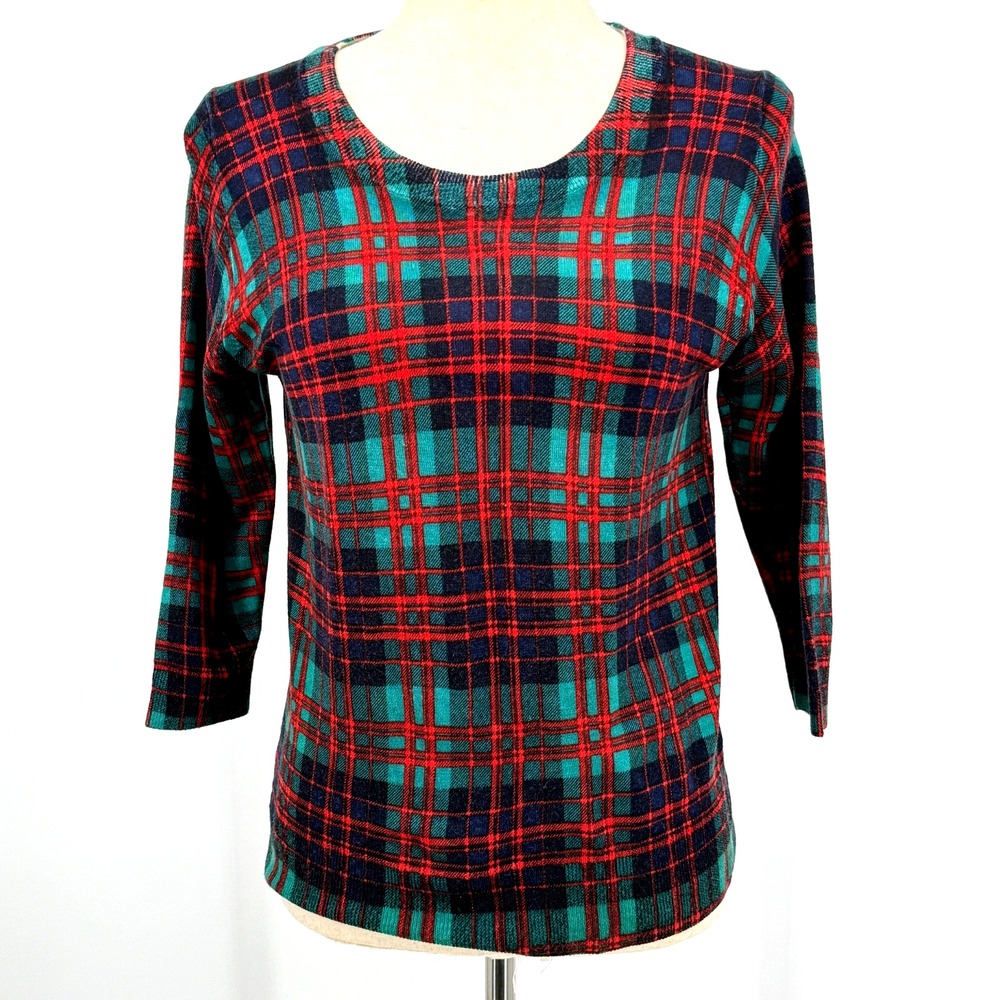 J Crew Factory Womens Sweater S Merino Wool Tartan Plaid Holiday Festive Layers